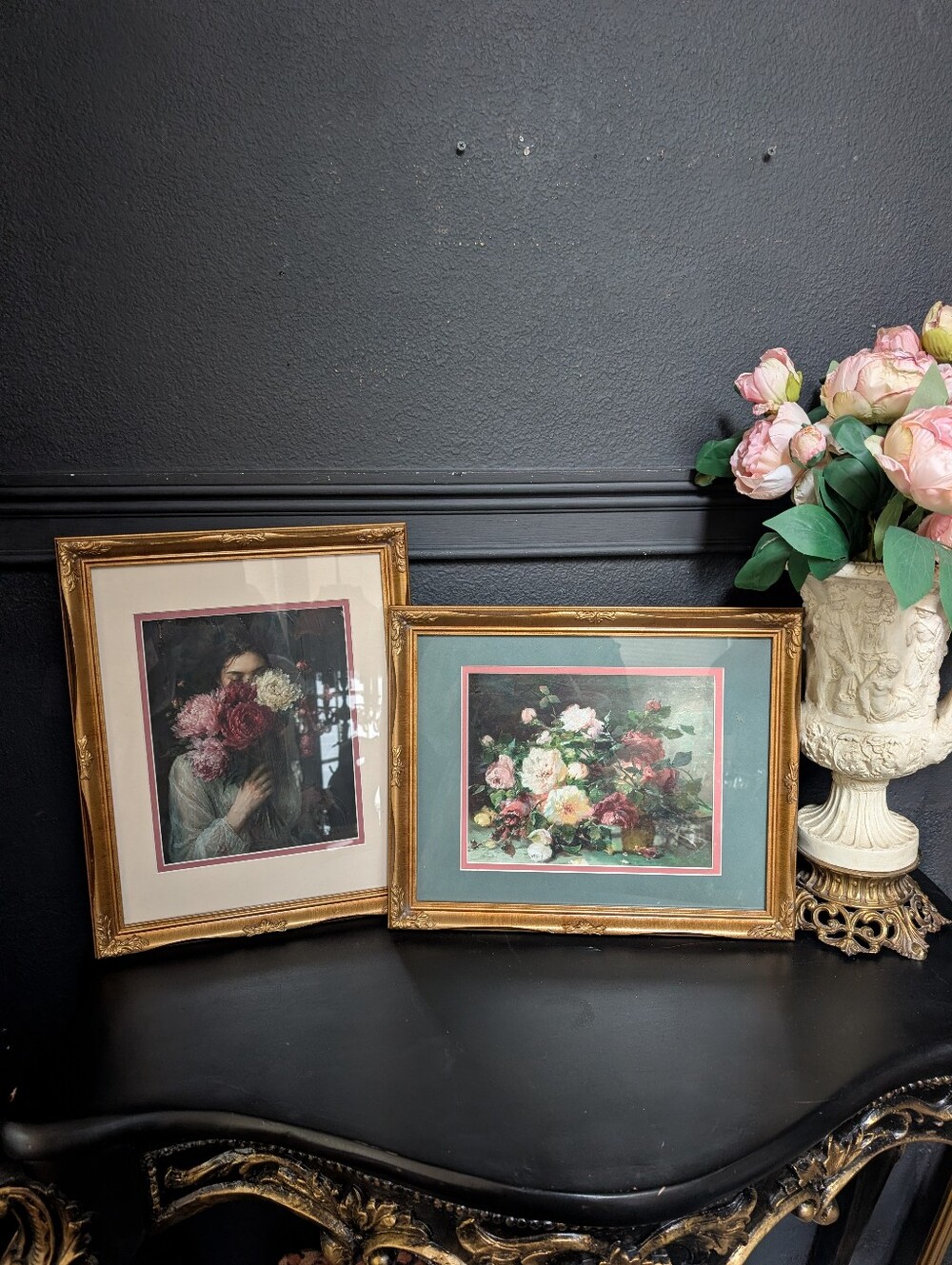 Vintage, Set of 2, Ornate Baroque Gold Frame w/ VTG style Moody Victorian Prints